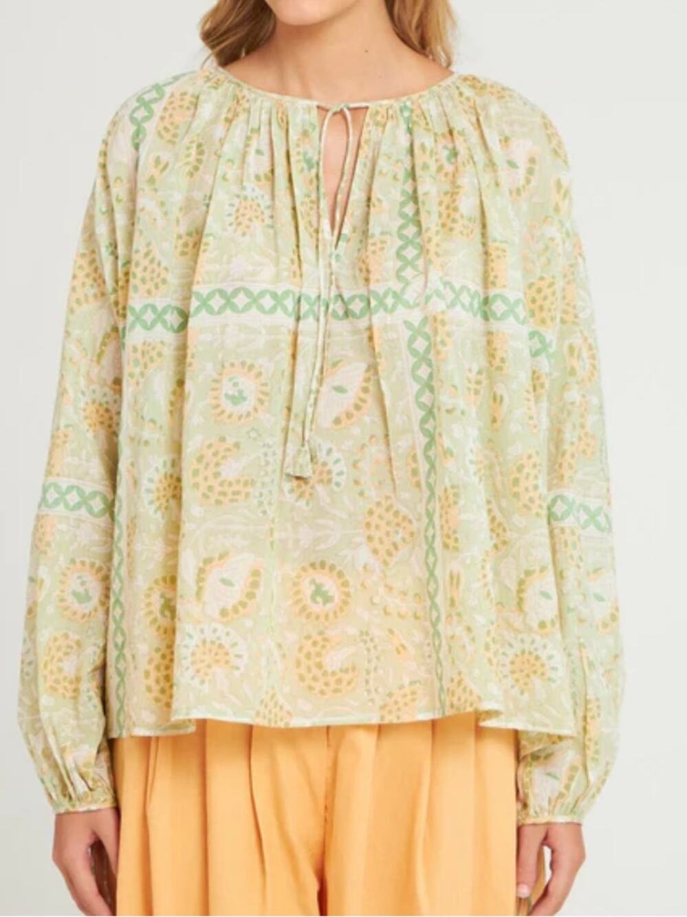 Antik Batik Boho Hand Print Cotton Light Green Blouse size 38 US Small